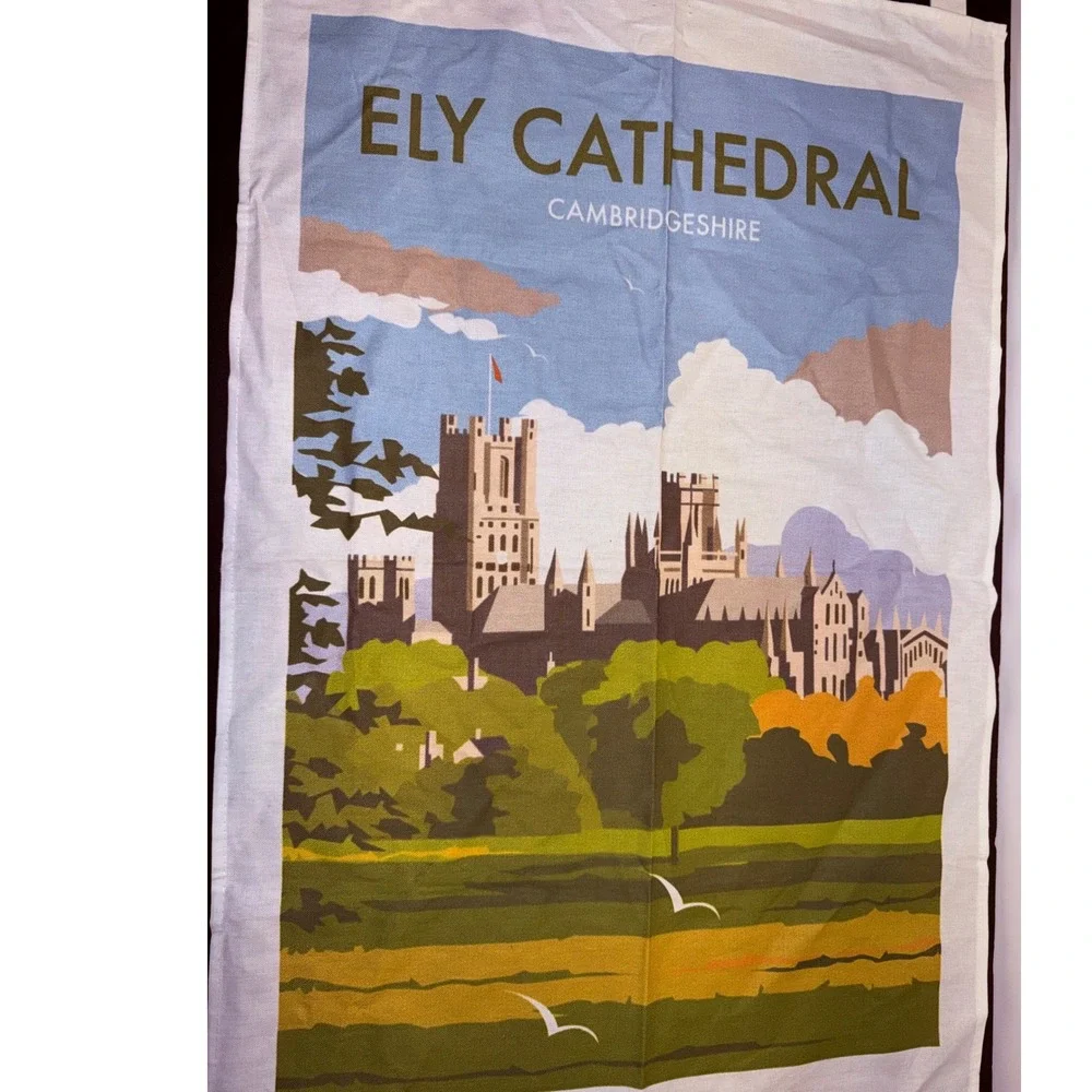 Ely Cathedral Cambridgeshire England Souvenir Tea Towel Vintage Style Graphic
